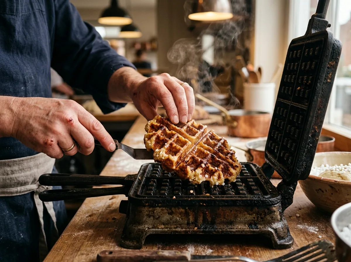 Belgian Liege waffle lifted fresh off cast-iron iron at Sir Waffle Dorcol
